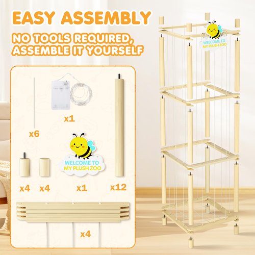 Hsenowi Stuffed Animal Storage Zoo Organizer Natural Pine Plushies Storage with Elastic Bands Vertical Wood Toy Holder Mesh Net Space Saving Design for Playroom Nursery Kids Bedroom