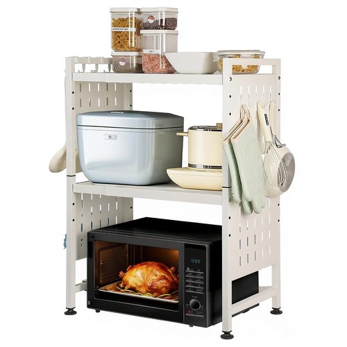 loyalKBS Expandable Microwave Stand Countertop, 3 Tier Heavy Duty Over Microwave Shelf Countertop with 4 Hooks, Height Adjustable Metal Microwave Oven Rack Shelf for Kitchen Tabletop,Holds 160lb,White