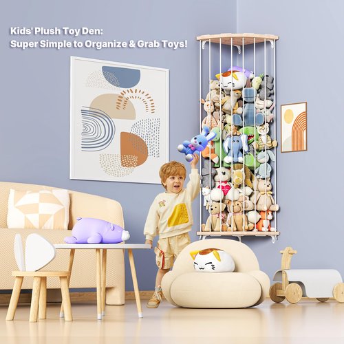 Zayysoha Corner Stuffed Animal Storage Zoo – Adjustable Natural Solid Wood Toy Organizer & Teddy Bear Holder – Large Wall Plushie Cage Shelf with Reinforced Star & Moon Cutouts for Nursery Kids Room
