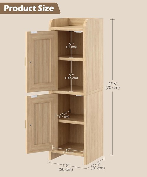 Akxomel Rattan Small Bathroom Cabinet - 2 Doors, Narrow Storage Solution for Small Spaces | Natural Oak Finish, 7.9''D x 7.9''W