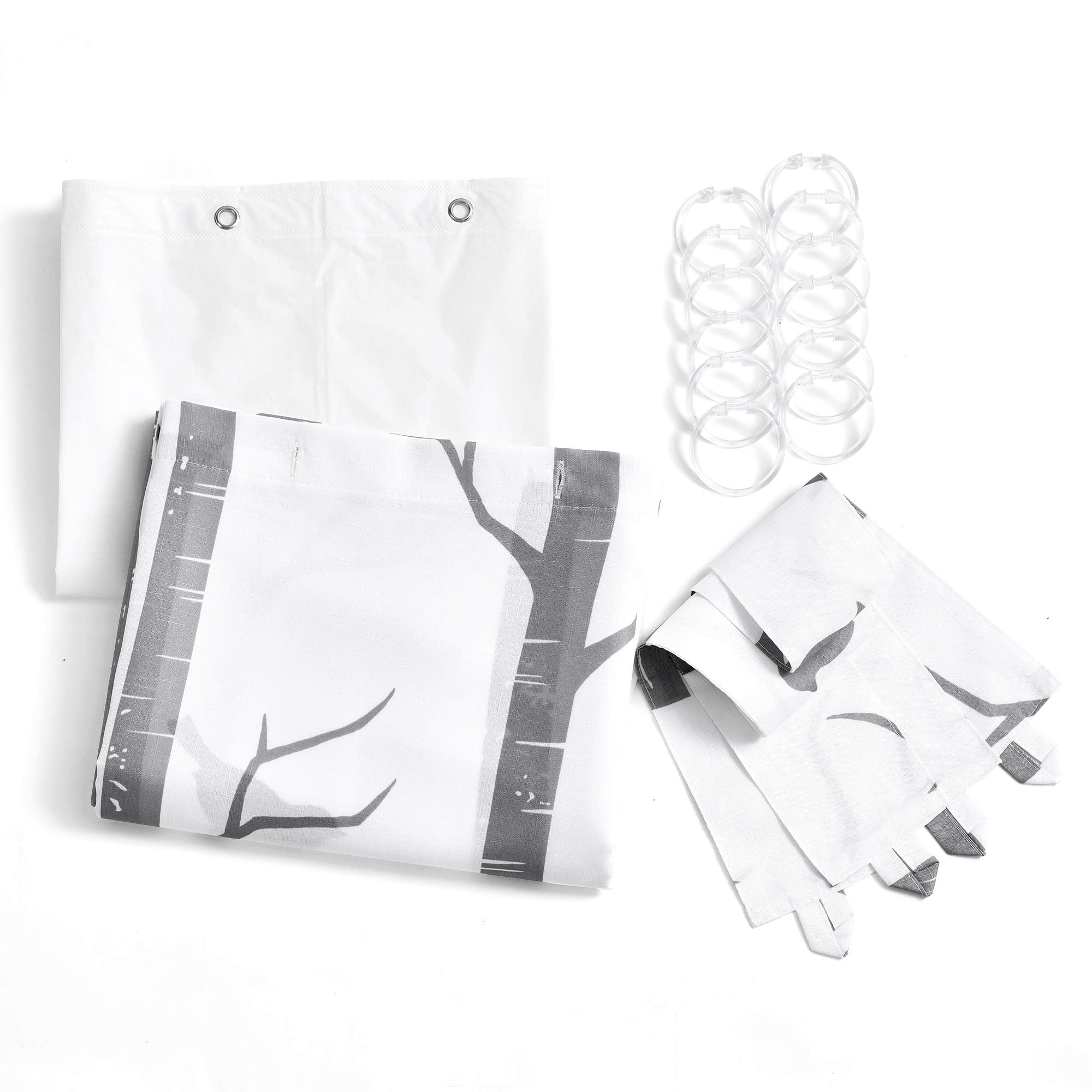 Lush Decor Bird On The Tree Double Swag Shower Curtain with Peva Lining & Rings, Gray, 16 Pieces