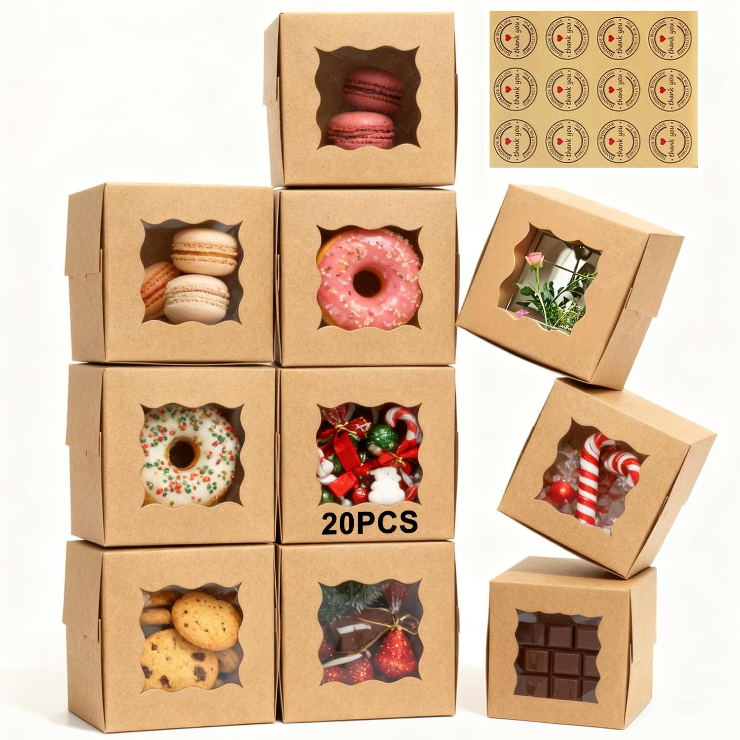 TAOUNOA 80 Pack 4x4x2.5 Inch Cookie Boxes with Window, Kraft Bakery Boxes for Cupcakes, Desserts Treats, Clear View Eco-Friendly Gift Packaging for Baked Goods Party (Brown, 20 pcs Easy to Secure)