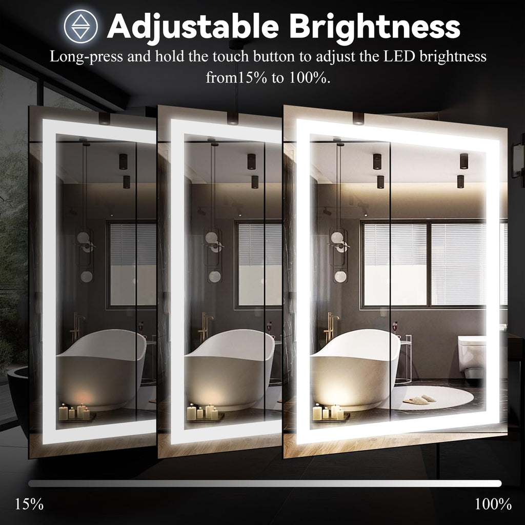 VooBang LED Bathroom Mirror 26 x 38 inches - 3 Adjustable Lighting Modes Lighted Smart Bathroom Vanity Mirror, Anti-Fog, Memory Function, Tempered Glass, Wall Mounted Horizontally Vertically