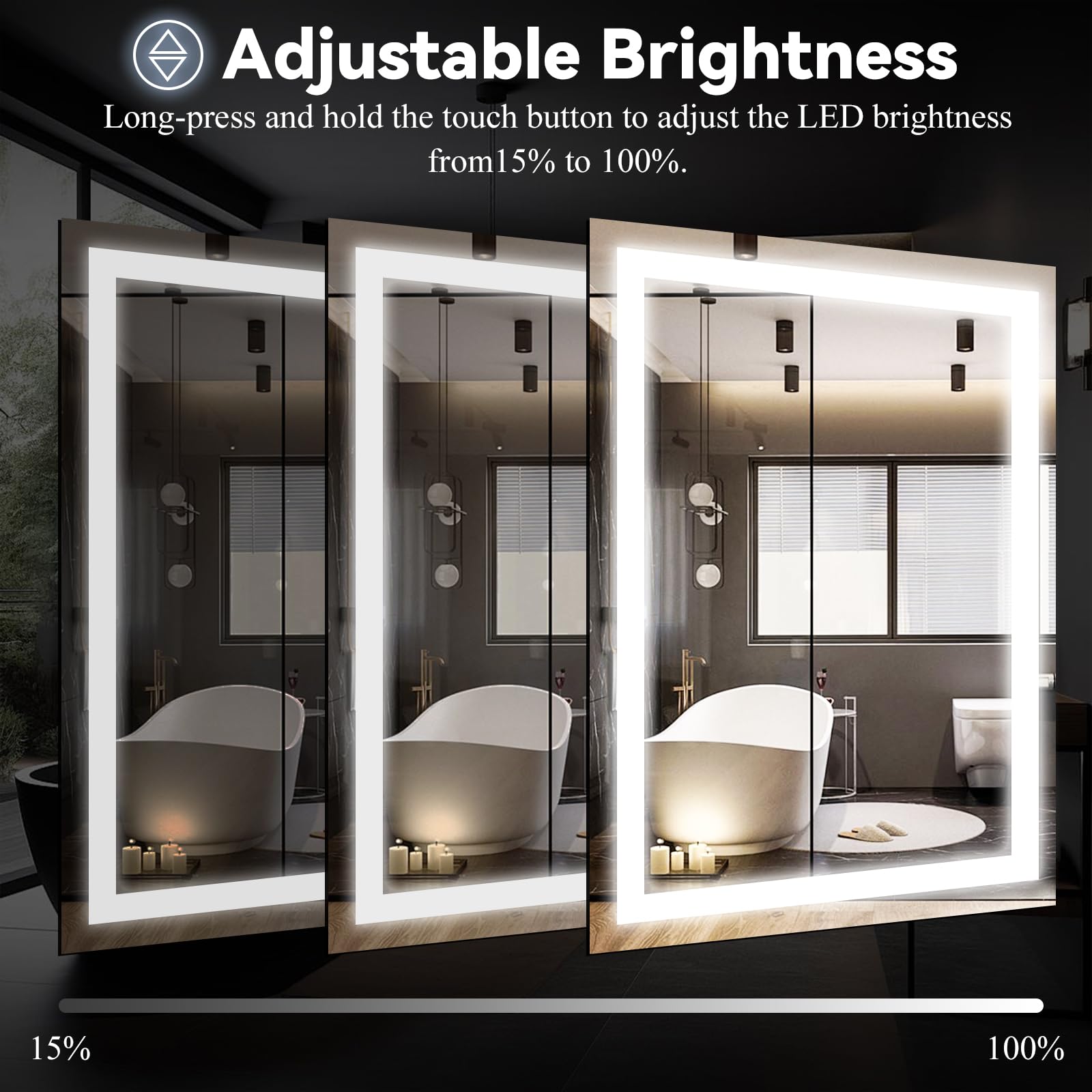 VooBang LED Bathroom Mirror 26 x 38 inches - 3 Adjustable Lighting Modes Lighted Smart Bathroom Vanity Mirror, Anti-Fog, Memory Function, Tempered Glass, Wall Mounted Horizontally Vertically