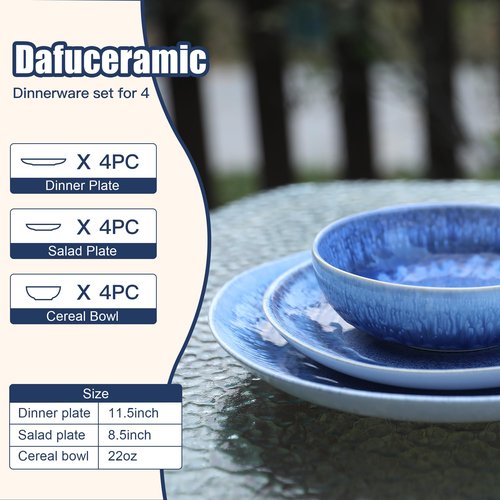 Dafuceramic 12 Pieces Stoneware Dinnerware Set, Modern Reactive glaze Dish Set for 4, Premium Serving Plates and Bowls Sets,Series MOON(SKY BLUE)