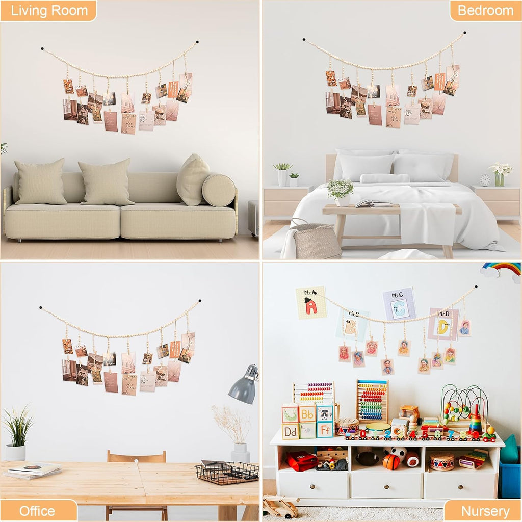 Skiennix Hanging Photo Display - 18 Wood Clips & Boho Wooden Bead Wall Décor for Bedroom & Living Room