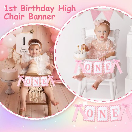 Vovii Bow Highchair Banner for 1st Girls Birthday Decoration, Pink and White One Birthday Banner for Party Decor Photo Props(Pre-Strung)