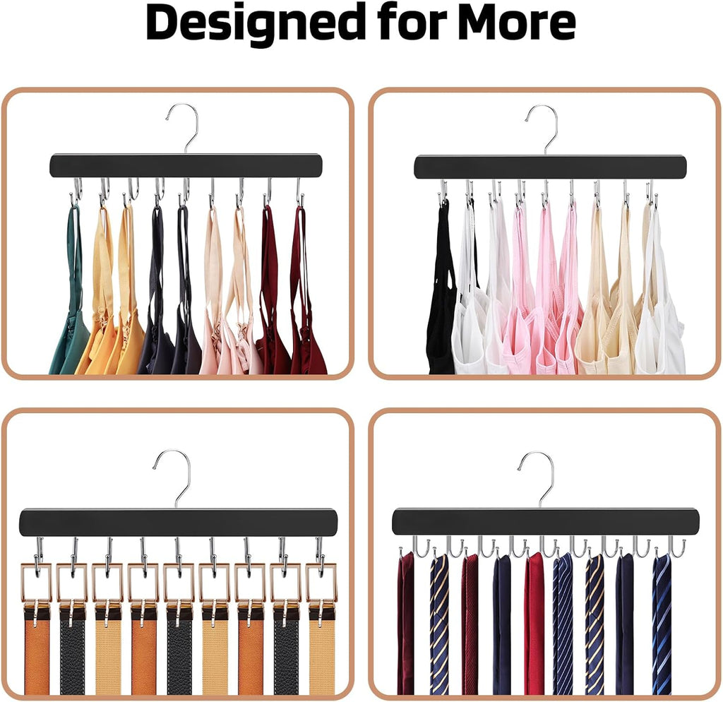 NECAMOCU Bra Hanger - Premium Wooden Closet Organizer with 36 Foldable Hooks | Space-Saving Design, Black