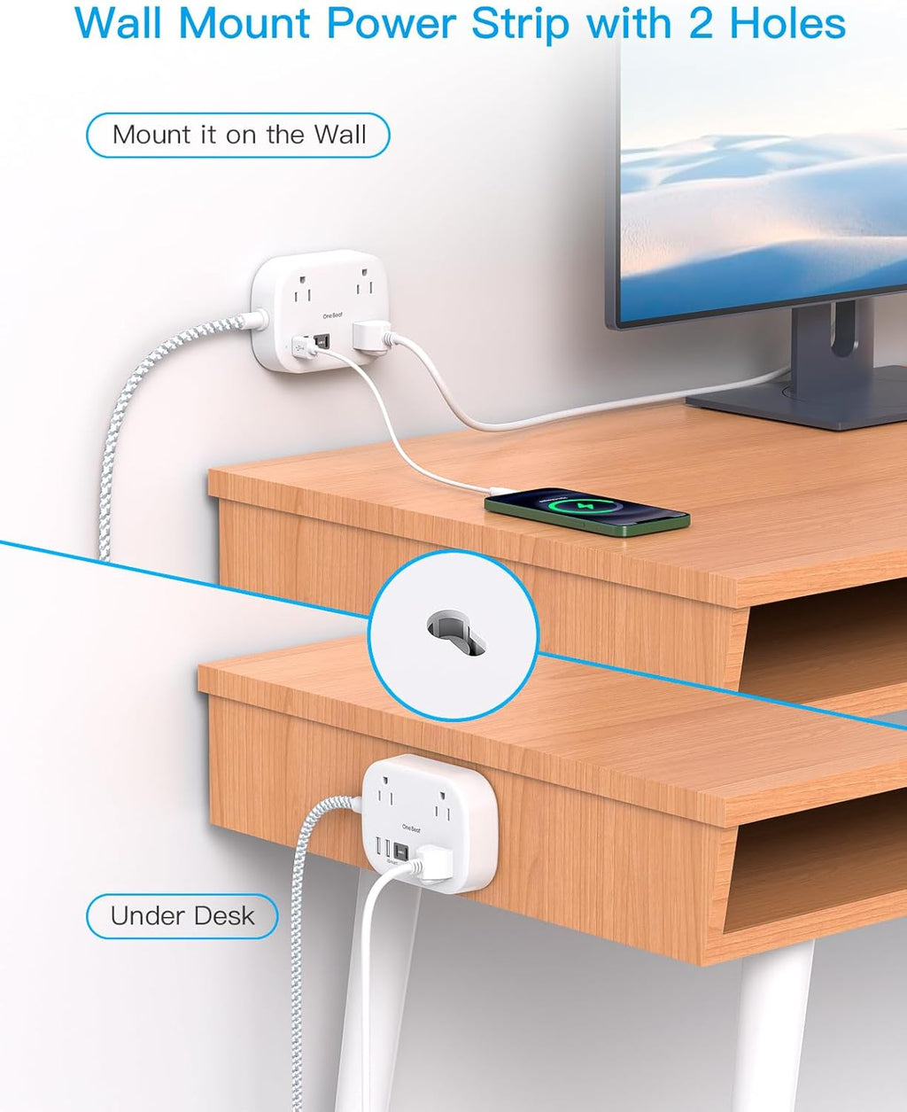 One Beat Travel Power Strip - 3 Outlets & 4 USB Ports (2 USB-C) | 5 ft Flat Plug Extension Cord for Cruise & Dorm Room