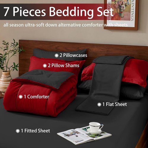 FUANNA Queen Comforter Set - 7-Piece Reversible Bedding Set with All-Season Premium Comforter | Red & Black