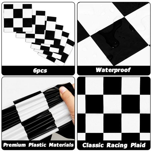 DEMIUKO 6PCS Checkered Table Runner 14 x 108Inch Disposable Plastic Black and White Checkered Table Runner Racing Flag Table Runners for Two Fast Car Theme Birthday Party Baby Shower Decor Supplies