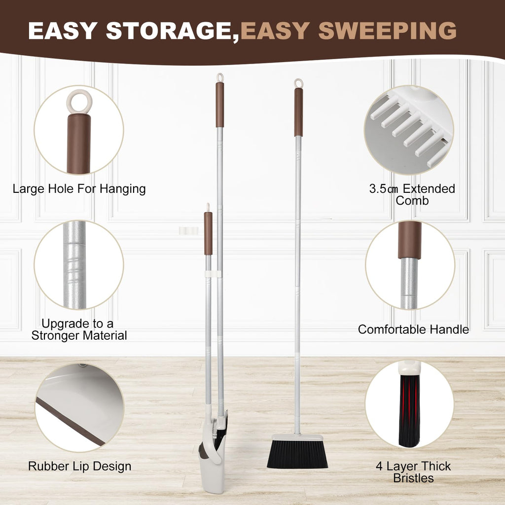 Jekayla 54" Long Handled Broom and Dustpan Set - Perfect Dust Pan and Brush Combo for Efficient Cleaning, Brown and White