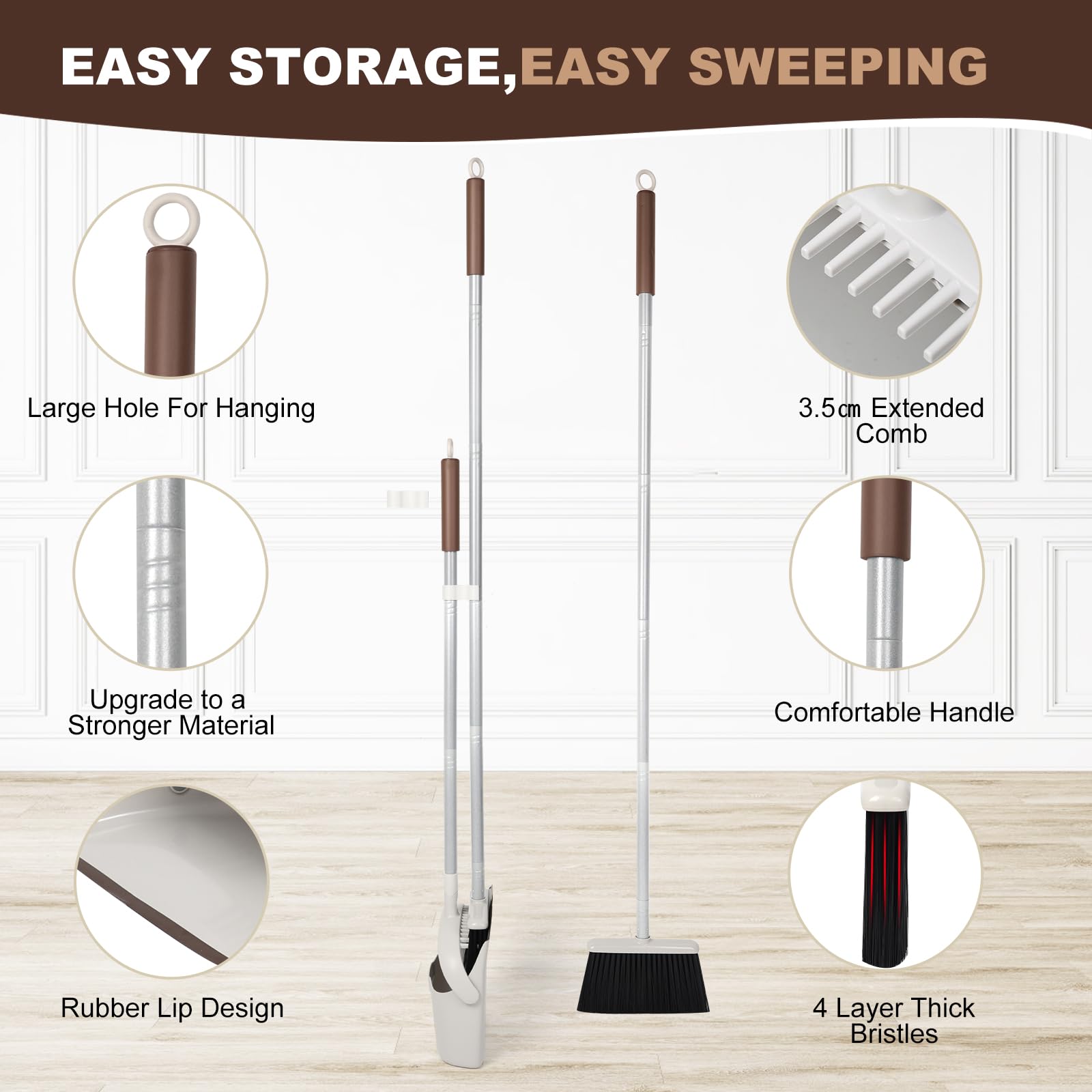 Jekayla 54" Long Handled Broom and Dustpan Set - Perfect Dust Pan and Brush Combo for Efficient Cleaning, Brown and White