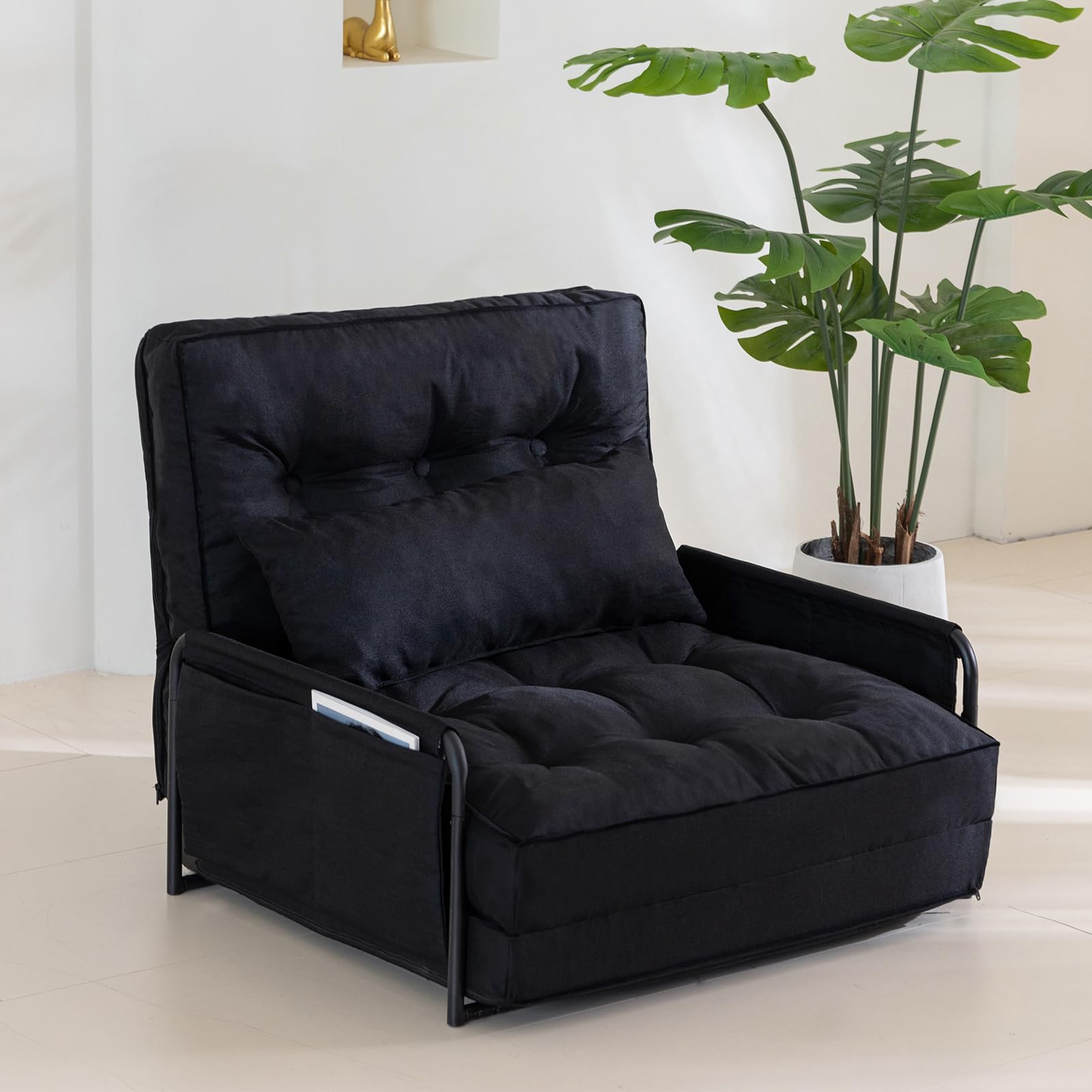 YOSHOOT Adjustable Lazy Floor Sofa, Folding Couch Bed with 5 Positions Adjustable Backrest, Convertible Bean Bag Sofa Bed Couch Foldable Sleeper Chair with Pillow for Reading Gaming（Black, Single）