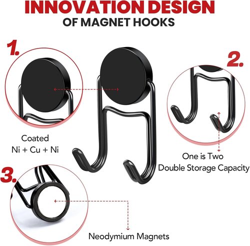 Buelkmag Magnetic Hooks - Heavy Duty 50Lbs+ Magnet Swivel Hooks for Outdoor Use | 4 Pack (Black)