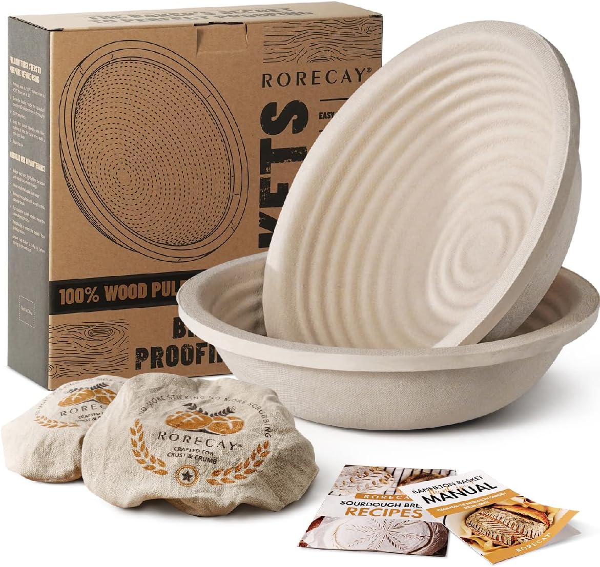Wood Pulp Banneton Bread Proofing Baskets - Set of 2, 9-Inch Round Sourdough Baskets with Liner