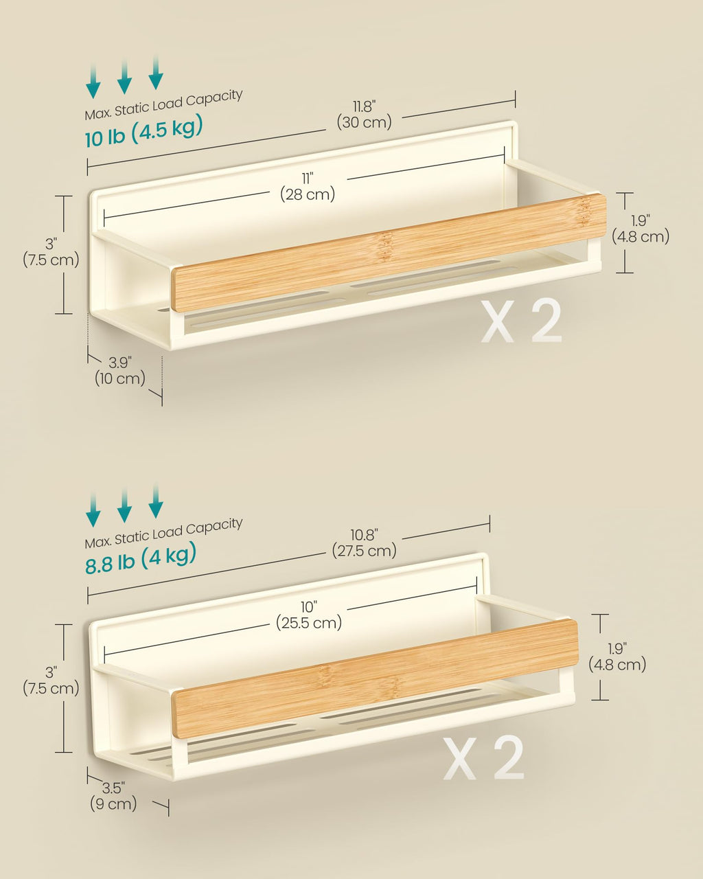 SONGMICS Magnetic Bamboo Spice Rack for Refrigerator, 4 Pack, 2 Large and 2 Small Kitchen Magnetic Shelves for Washing Machine, Spice Organizers, No Drilling Needed, Cream White UKCS062WD01