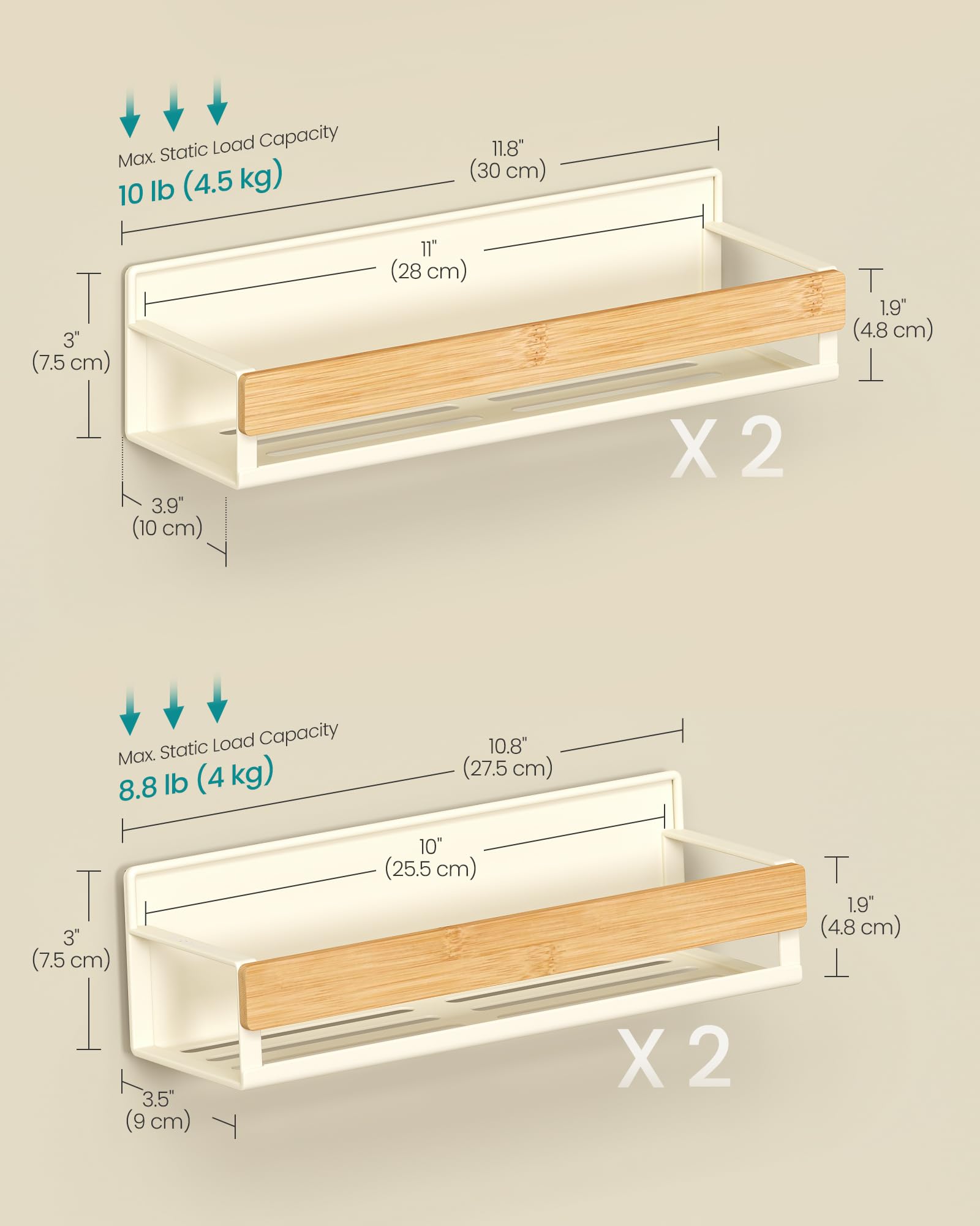 SONGMICS Magnetic Bamboo Spice Rack for Refrigerator, 4 Pack, 2 Large and 2 Small Kitchen Magnetic Shelves for Washing Machine, Spice Organizers, No Drilling Needed, Cream White UKCS062WD01
