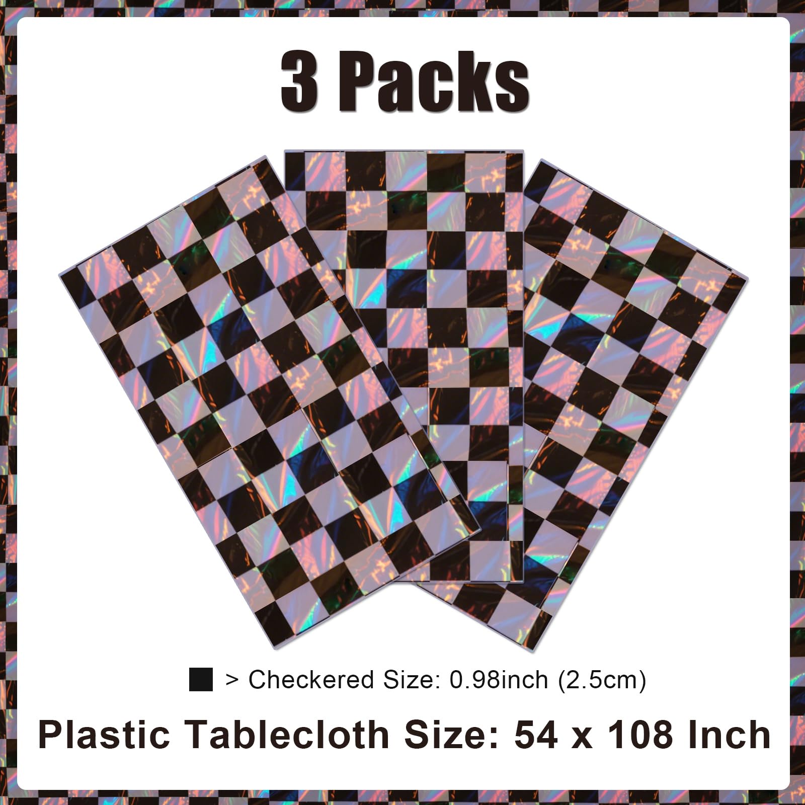 SAJOO 3 Packs Black Checkered Iridescent Tablecloth 54 x 108 Inch Holographic Foil Table Cloth Shiny Disposable Laser Rectangle Plastic Table Cover for Picnic Camping