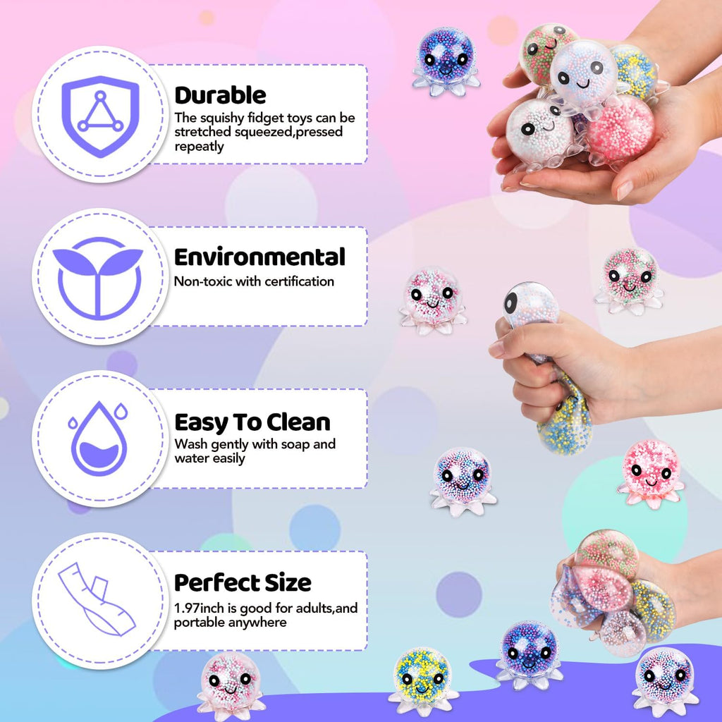 Skiennix Fidget Stress Balls - 12 Pack Cute Octopus Stress Relief Squeeze Balls | Perfect for Adults & Parties