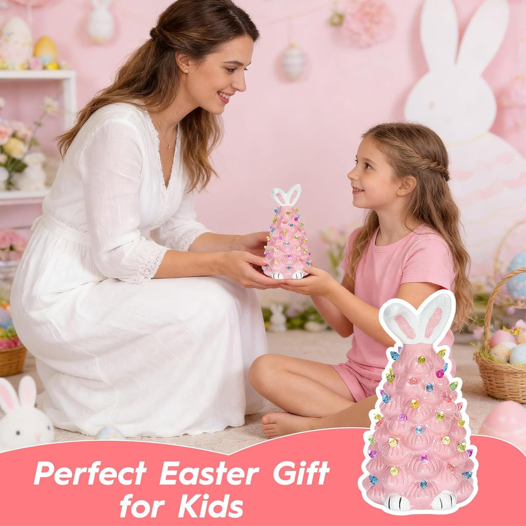 Skiennix Cute Ceramic Easter Bunny Tree Decor - Light Up Spring Tabletop Decoration for Kids (Pink)