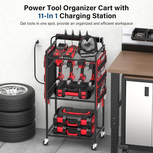 JUNNUJ Power Tool Organizer Cart - Heavy Duty Rolling Storage with 8 Outlets & 3 USB Ports | Large Capacity