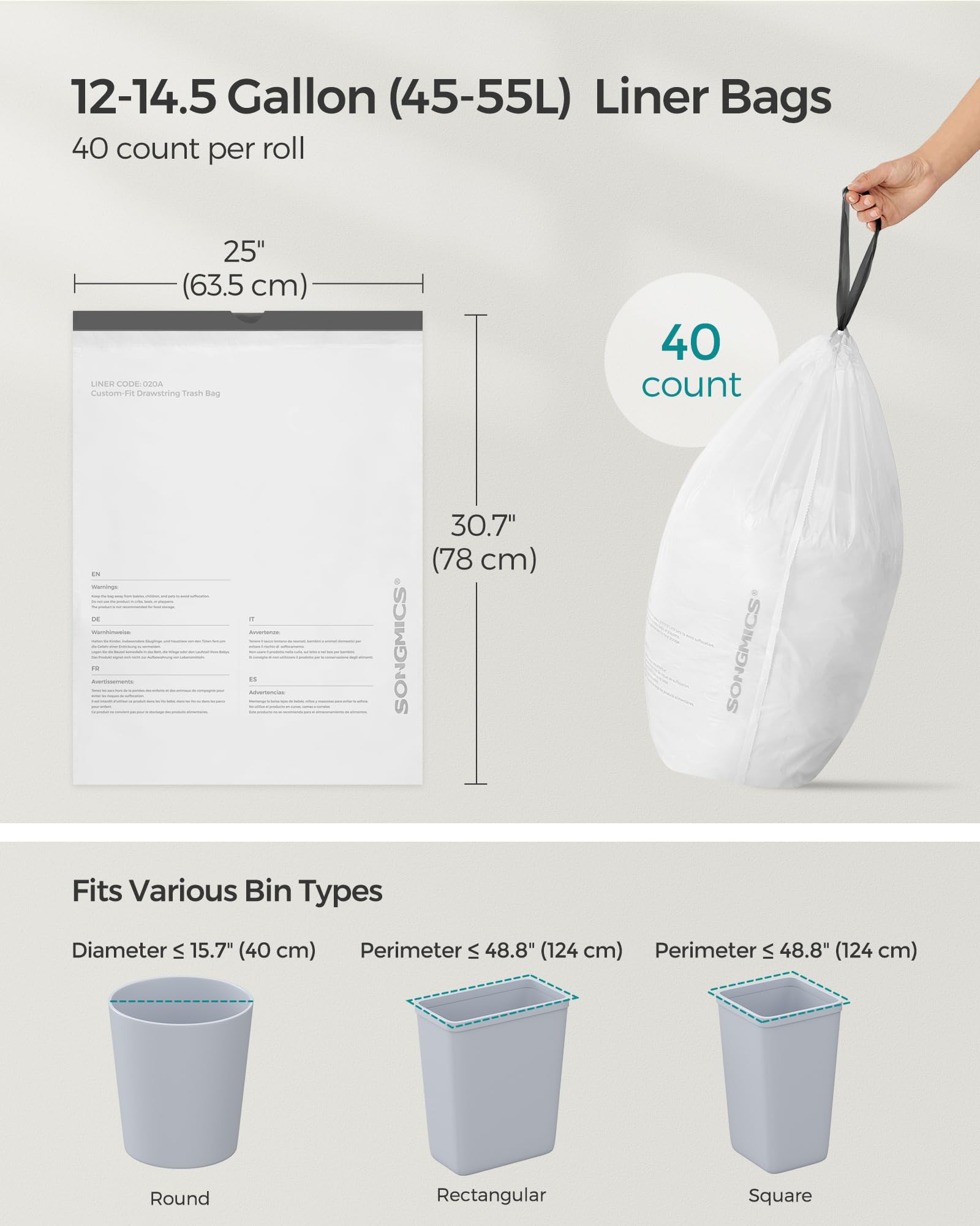 SONGMICS Trash Bags for 12-14.5 Gallon (45-55L) Trash Cans,80 Count Drawstring Kitchen Garbage Bags, Pre-Separated, Liner Code 055A01, 2 Rolls,White UKRB055A02