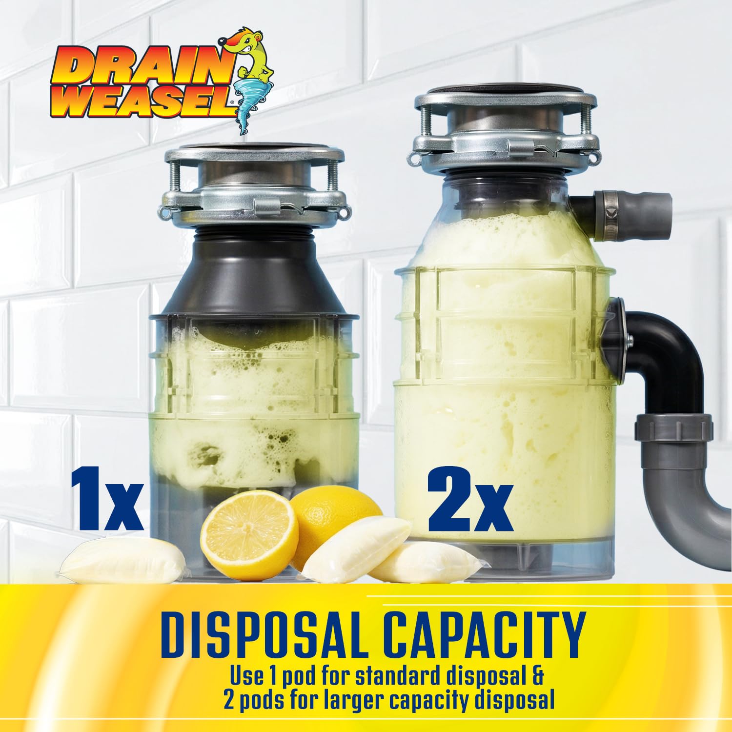 Drain Weasel Garbage Disposal Pods Cleaner and Deodorizer, Sink Odor Eliminator with Foaming Action, Septic-Safe Enzyme Formula, Fresh Lemon Scent, Pack of 5