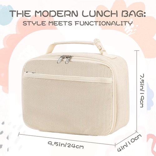 GODWOODS Cute Lunch Bag for Women & Men Corduroy Small Lunch Box with Cooler & Organizer Compartments Insulated Lunch Tote Bag for Travel Work (Beige)