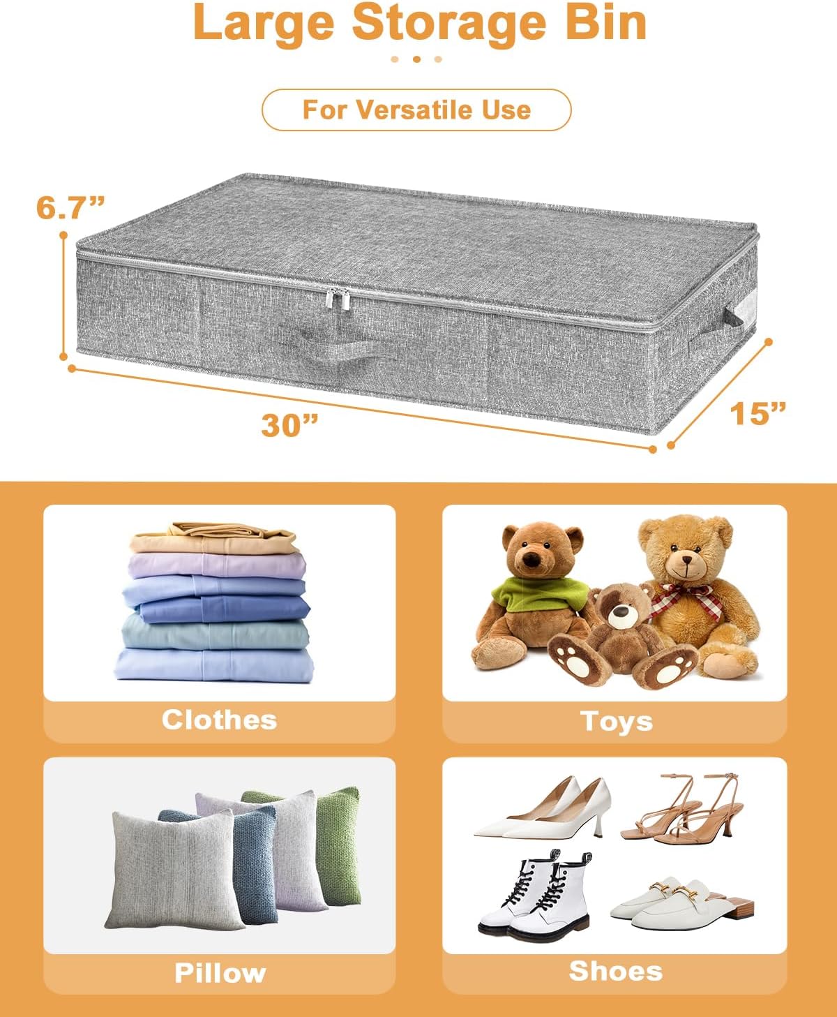 Under Bed Storage - 2 Pack Foldable Container Bags With Lid | Sturdy Clothes Organizer, 30x15x6.7 Inch, Grey