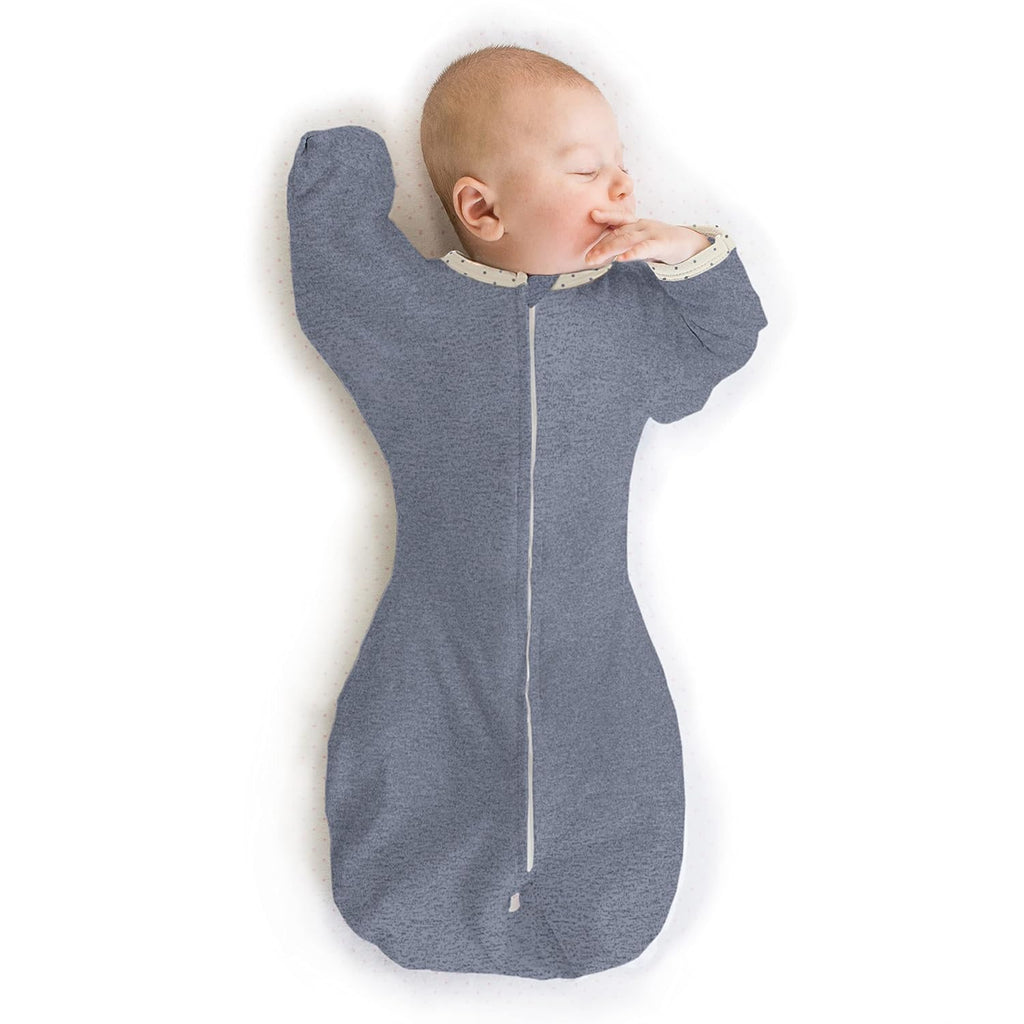 SwaddleDesigns Transitional Swaddle Sack - Arms Up Half-Length Sleeves & Mitten Cuffs | Medium 3-6 Months, 14-21 lb, Heathered Denim