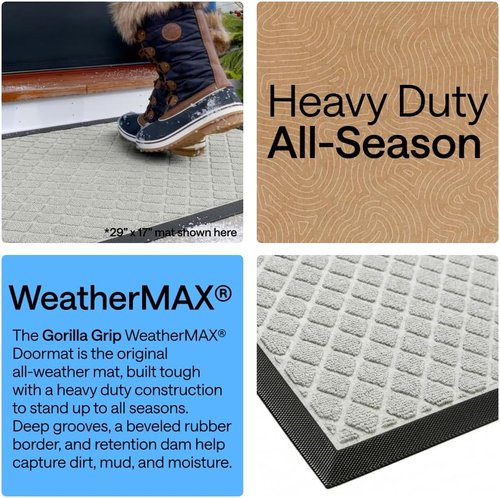 GORILLA GRIP Waterproof All-Season Doormat - Natural Rubber, Stain & Fade Resistant, Easy Clean | 29x17, Light Gray