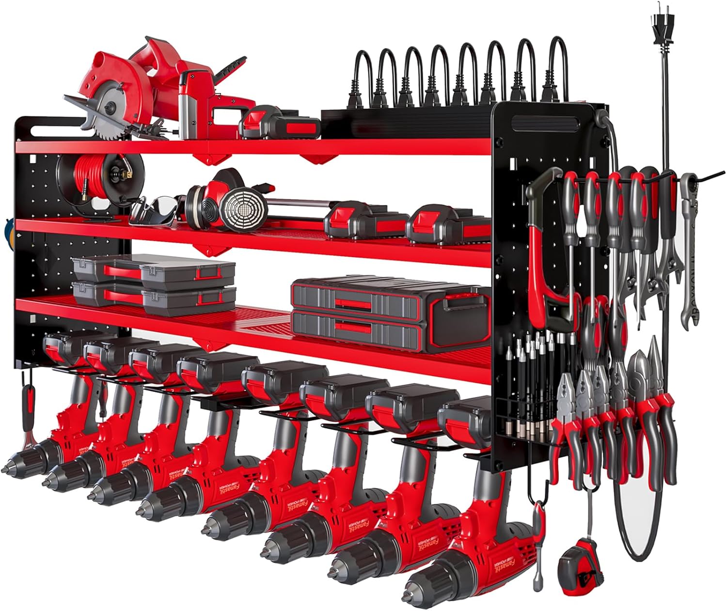 NattyDot Power Tool Organizer - Wall Mount Charging Station with 8 Drill Holders & 4 Layer Storage Rack (Red)