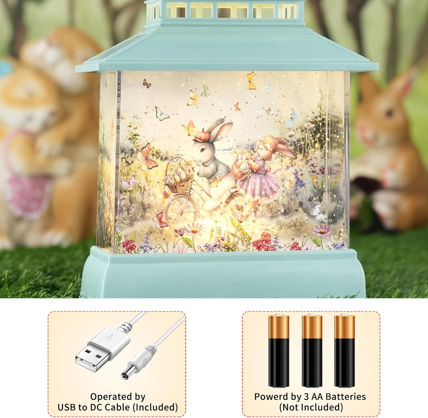Skiennix Easter Snow Globe Lantern - Light-Up Bunny & Egg Decor with Timer | Glitter Spring Tabletop Decoration