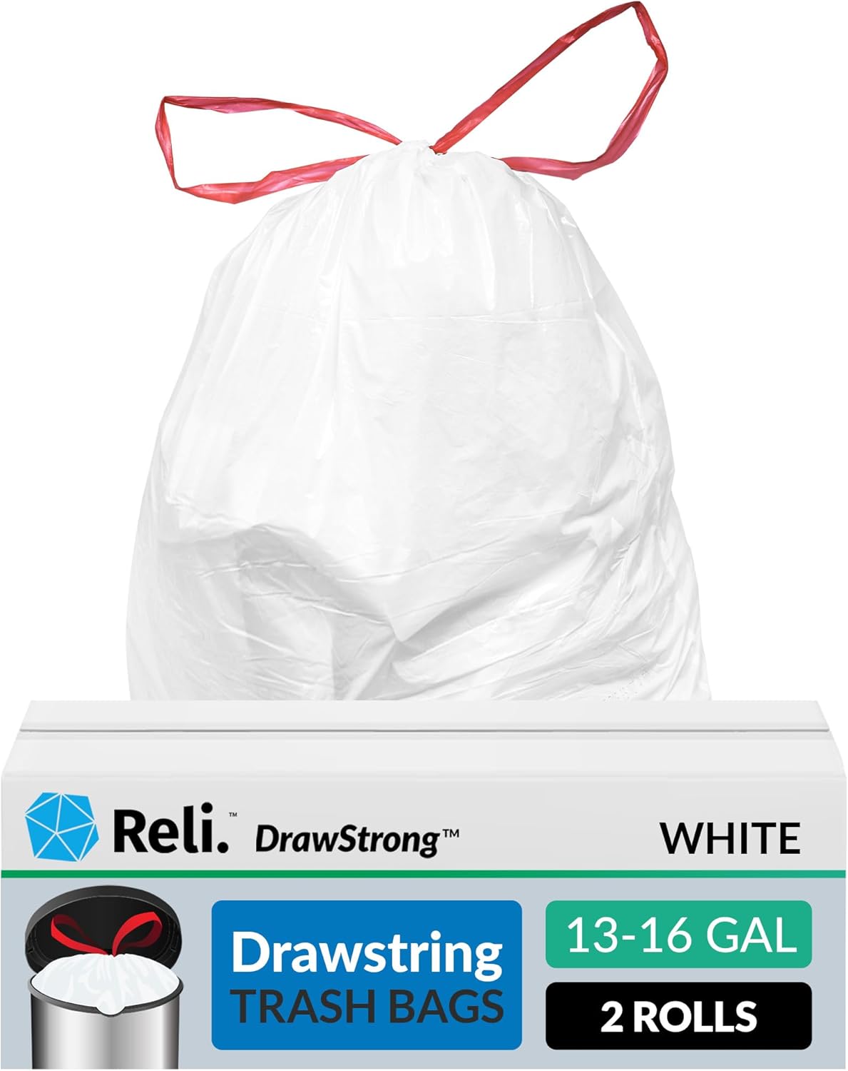 Reli. Drawstring Trash Bags - 13-16 Gallon Capacity, 250 Count Bulk, White for Kitchen Use