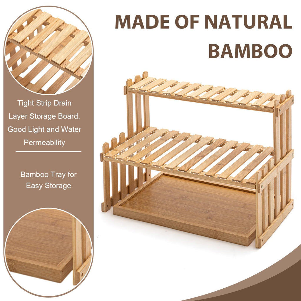 Kathfly 14.6" 2-tier Matcha Station Shelf Stand with 13" Bamboo Matcha Tea Serving Tray Coffee Station Organizer Coffee Bar Storage Rack Mug Holder Countertop for Desktop Flower Pot Cup(Bamboo Color)