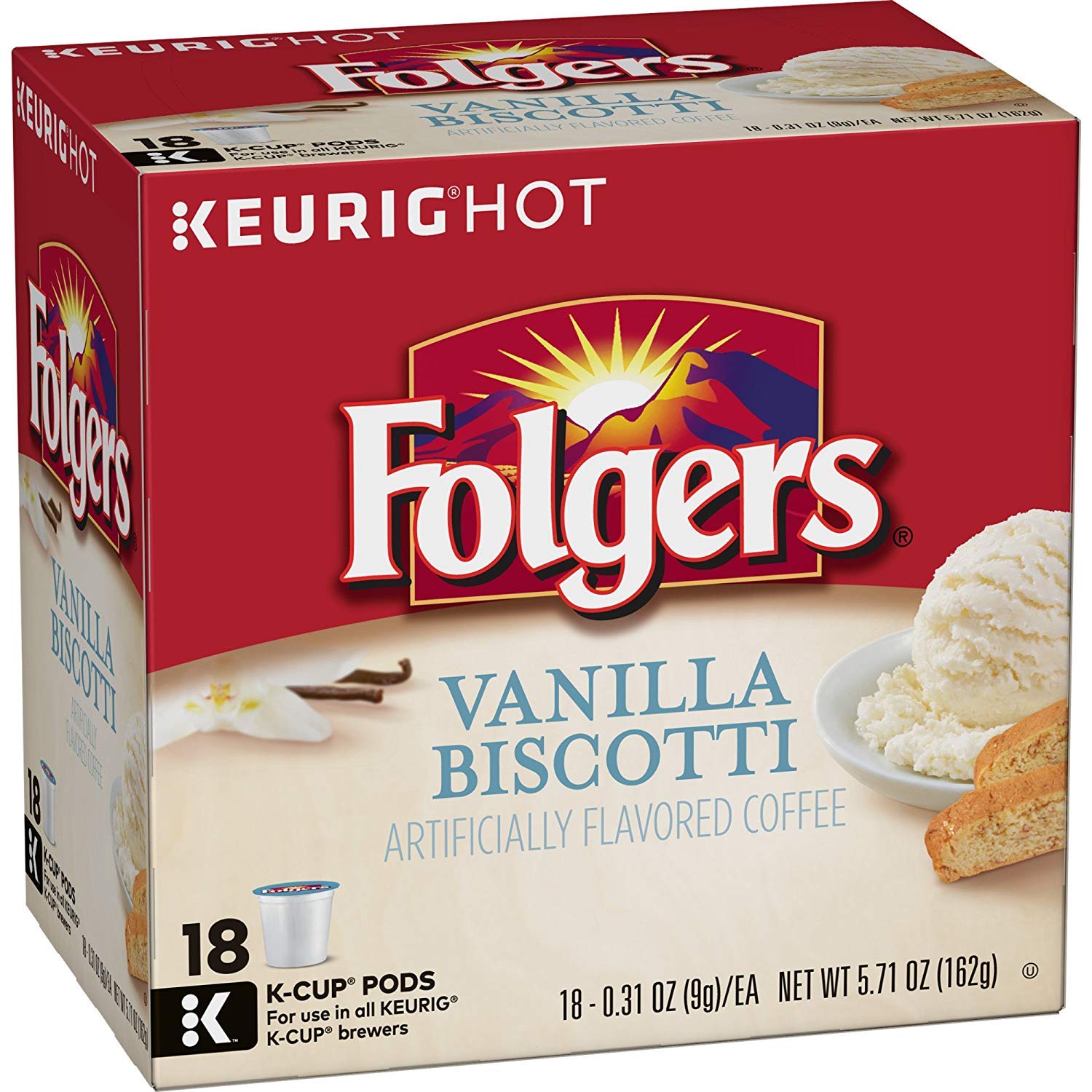 Folgers Vanilla Biscotti Flavored Coffee, K Cup Pods for Keurig Coffee Makers, 18 Count (Pack of 4)