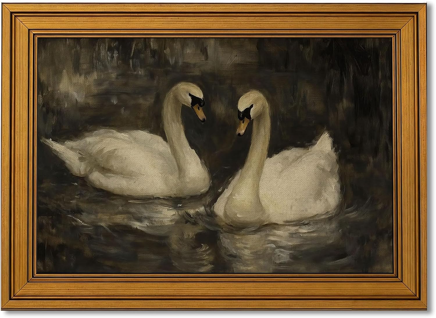 Skiennix Vintage Gold Framed Swan Canvas Wall Art - Moody Couple Painting | 9x11 Inch Decor