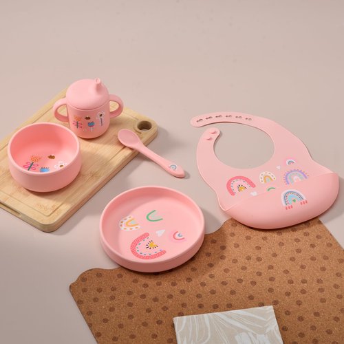 Imagination Junction silicone baby feeding set, Baby Led Weaning Supplies，Cutlery Feeding Supplies, Baby Utensils Feeding Essentials for Starting Solids，5 Piece Set (pink)