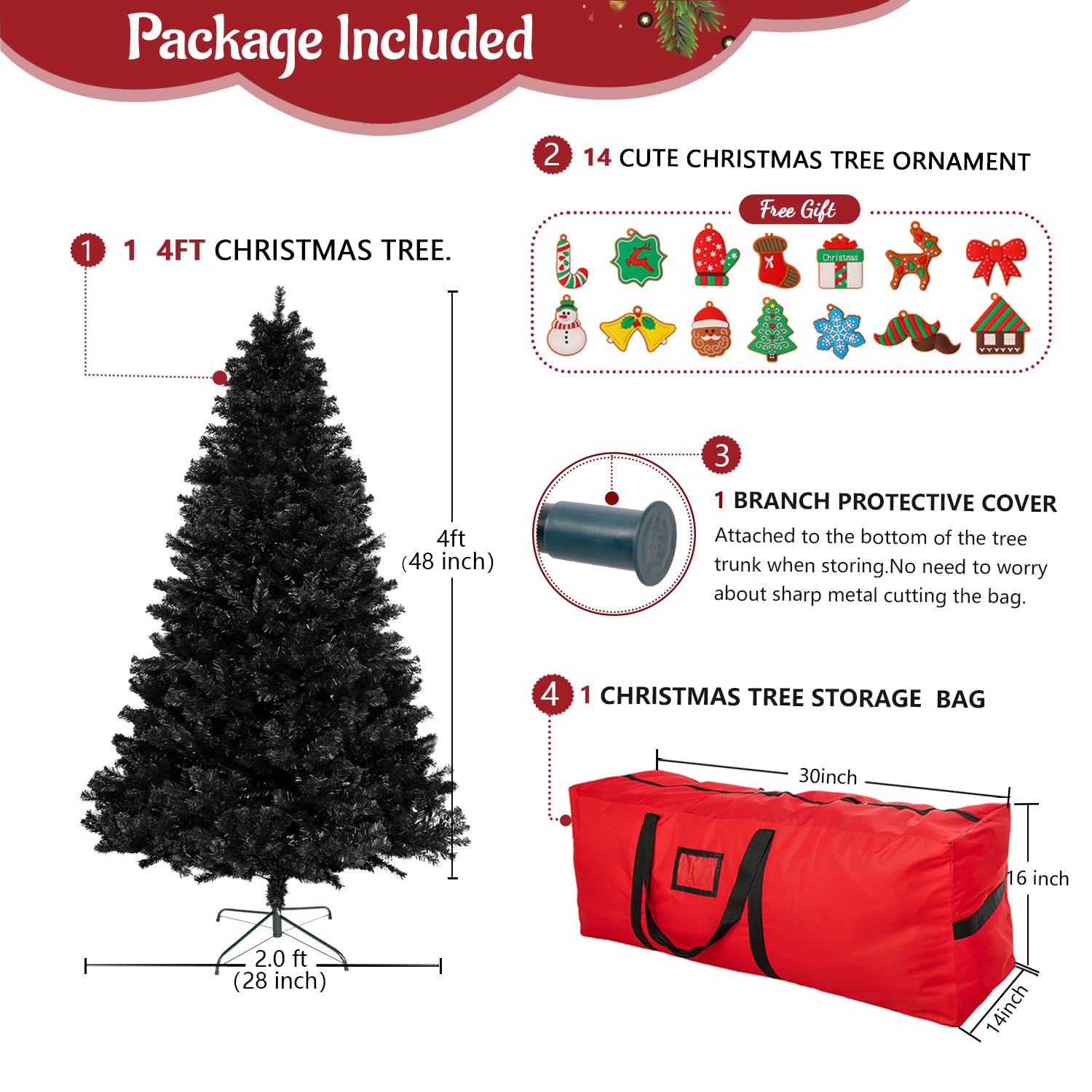 ULICO 4ft Artificial Black Christmas Tree,Premium Spruce Xmas Tree with 450 Branch Tips, Fake Christmas Tree with Foldable Metal Base Stand,Home, Office,Party Decoration