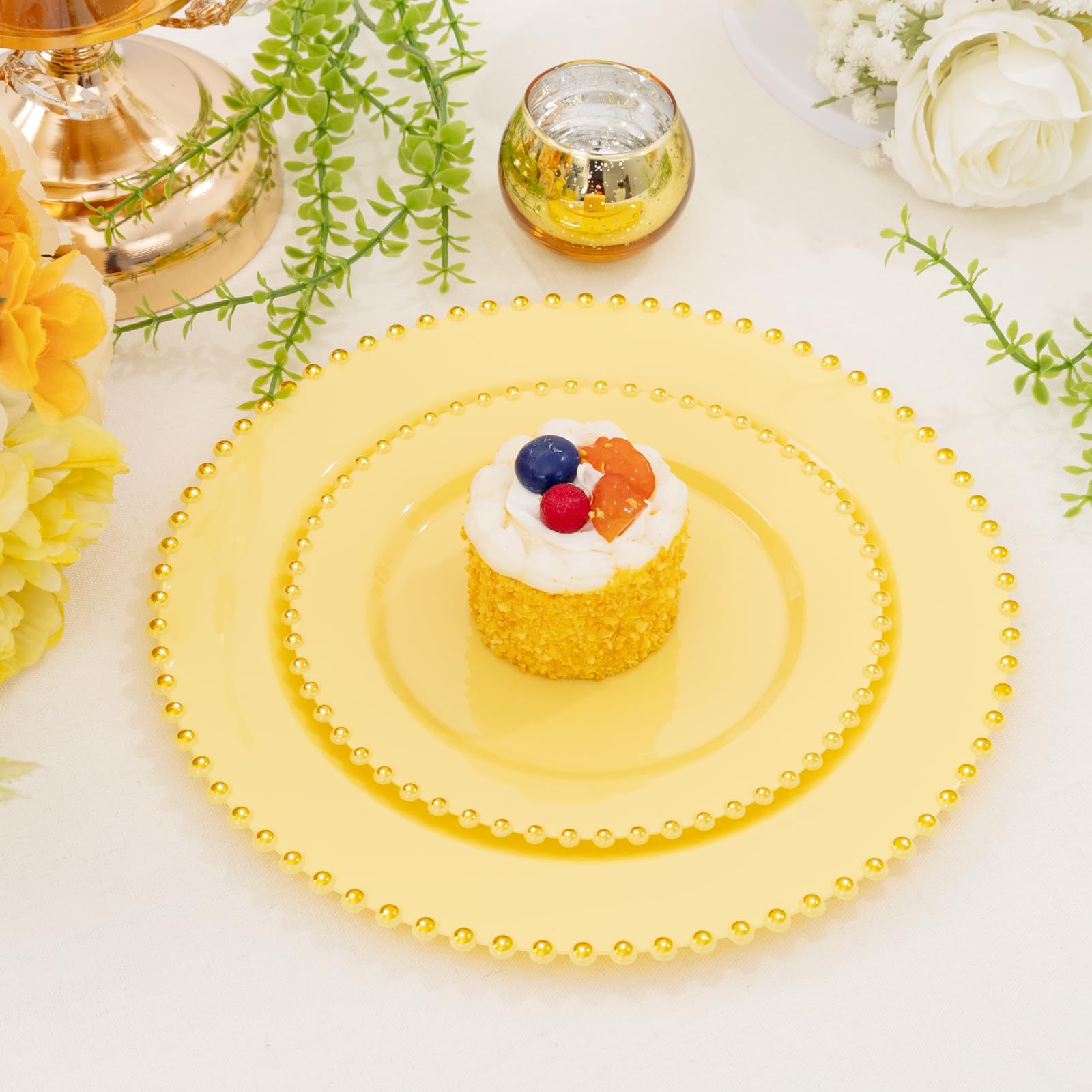 Supernal 100pcs Yellow Plastic Plates,Heavy Duty Plastic Plates,Yellow Party Decorations with Gold Beaded Including 50 Dinner Plate and 50 Disposable Dessert Plate,Pretty Disposable Platos for Wedding