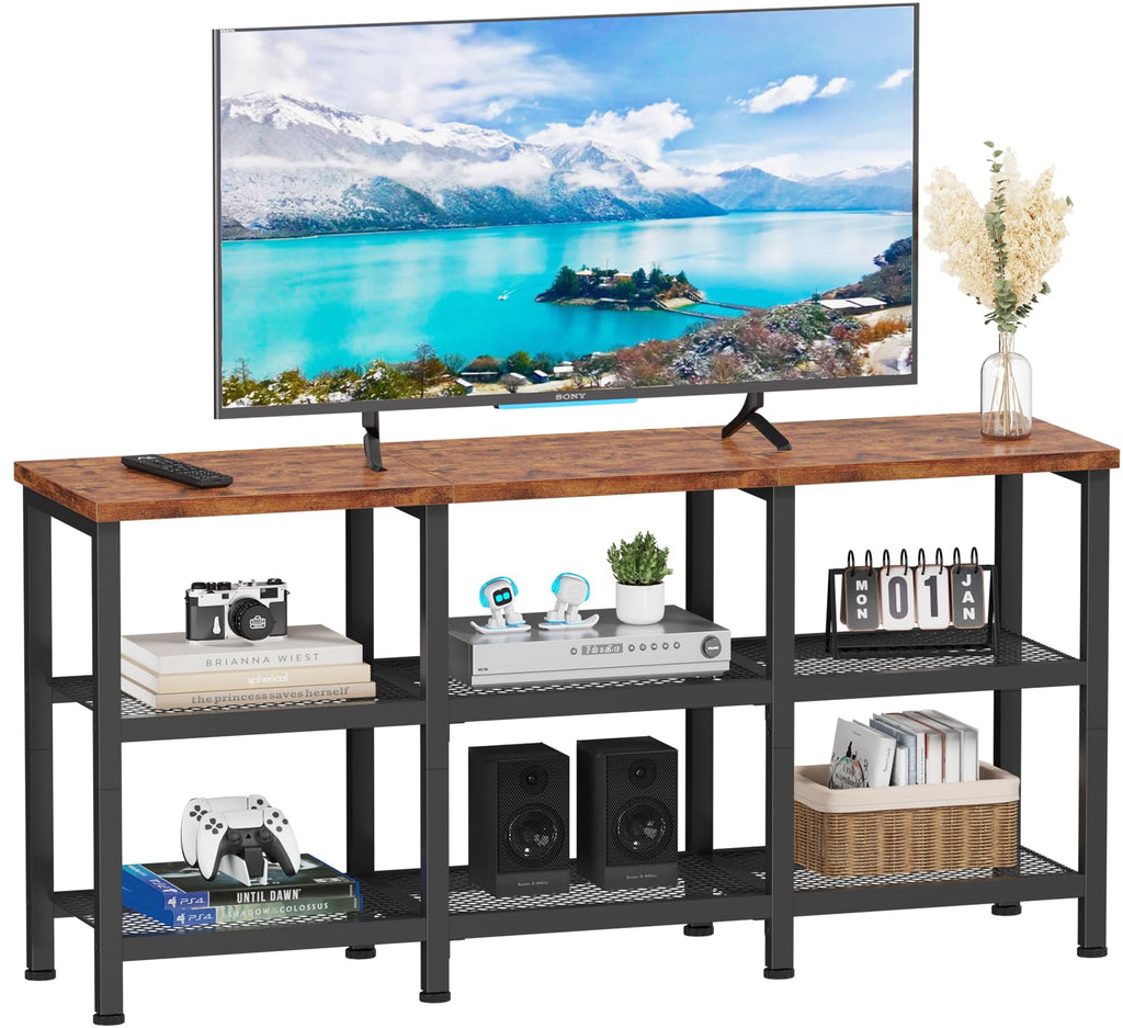 Furologee TV Stand, Small Media Console Table with 3-Tier Storage Shelves, Industrial Entertainment Center for TVs up to 50 Inch, Television Stands for Living Room, Bedroom, Rustic Brown