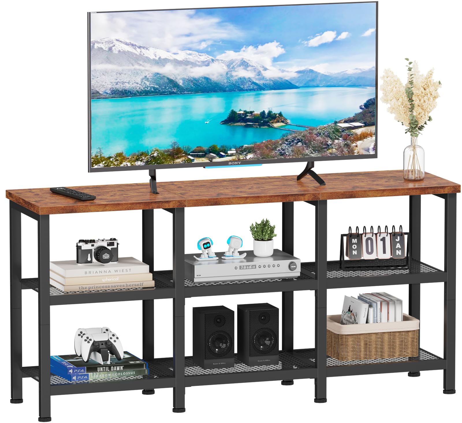 Furologee TV Stand, Small Media Console Table with 3-Tier Storage Shelves, Industrial Entertainment Center for TVs up to 50 Inch, Television Stands for Living Room, Bedroom, Rustic Brown