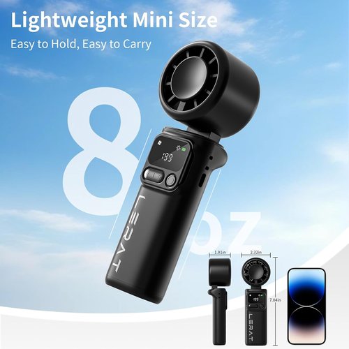 Lerat Portable Handheld Turbo Fan - 5-Speed High Power Mini Fan | 4000mAh Rechargeable Battery, 3-in-1 Foldable Design for Travel & Beach - Black