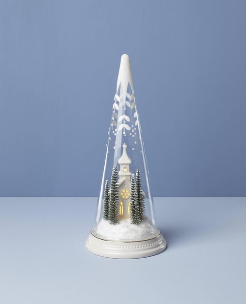 Lenox 896634 Lit Christmas Cone with Church Scene, Holiday Decor