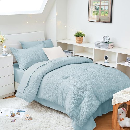 HYMOKEGE Twin XL Comforter Set - Luxury 5-Piece Seersucker Bedding in Lake Blue | All-Season Comfort