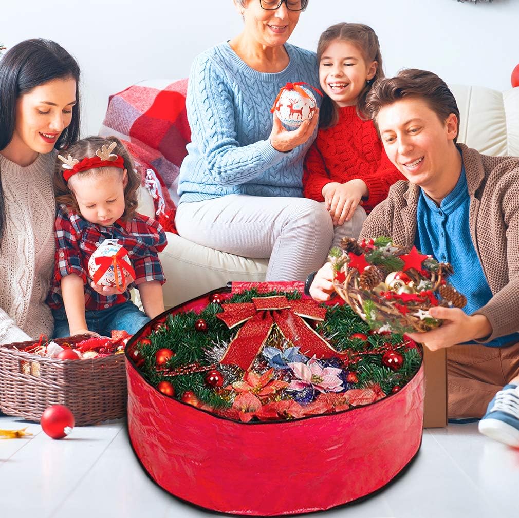 ProPik Christmas Wreath Storage Bag - Heavy-Duty Tear Resistant Holiday Container - 24” X 8” (Red)