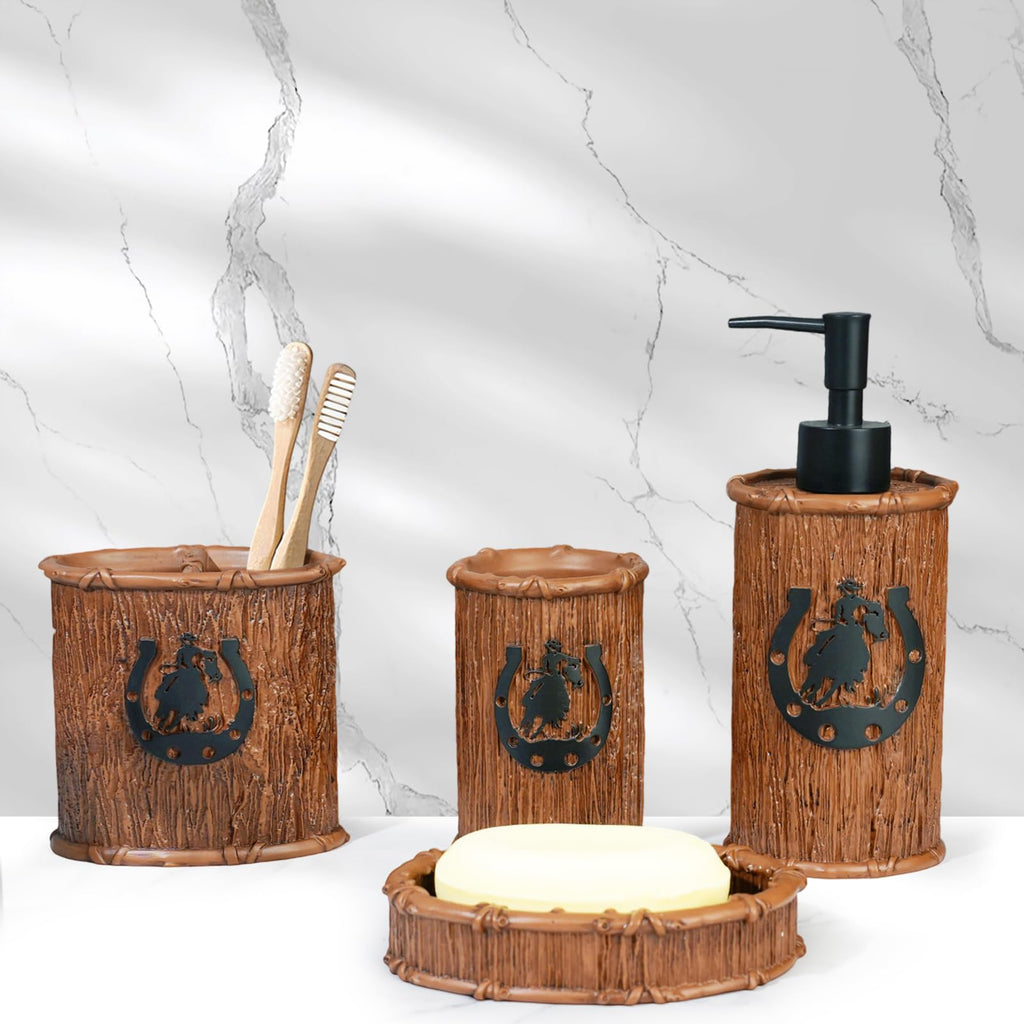 Bathroom Accessory Sets 4PCS Bathroom Accessories Set Complete Western Rustic Horseshoes Decoration Includes Lotion Dispenser Toothbrush Holder Tumbler Cup & Soal Dish
