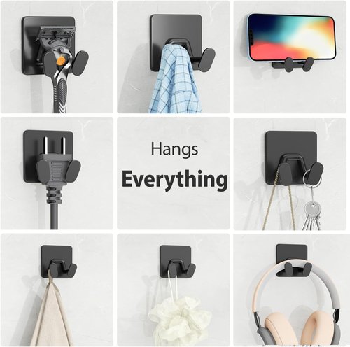Adhesive Shower Hooks - Extra Sticky Stainless Steel Double Hooks for Razor, Towel & Loofah | Matt Black, 4-Pack