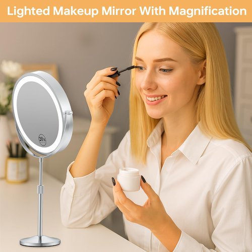 Makeup Mirror with Lights, Height-Adjustable Lighted Makeup Mirror with 1X/20X Magnification, 360° Swivel Rechargeable Double Sided Vanity Mirror with 3 Color Dimmable Lights, Gifts for Women